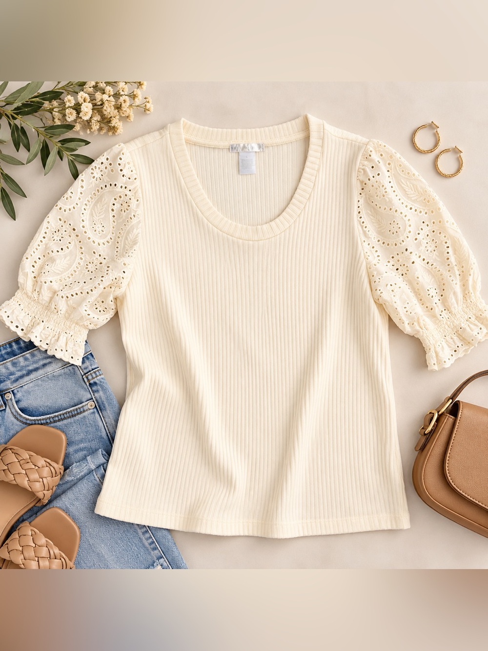 Design History L Cream Ribbed Knit Eyelet Puff Sleeve Top Cottagecore
